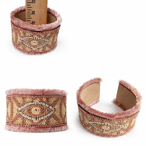Handmade Jewelry - Gorgeous Pink & Tan Beaded Evil Eye Two Inch Cuff - Pristine Condition